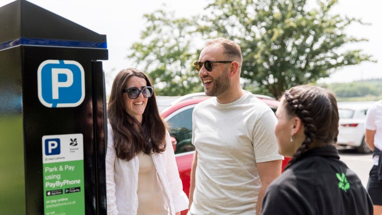 A group of people by a car parking machine
